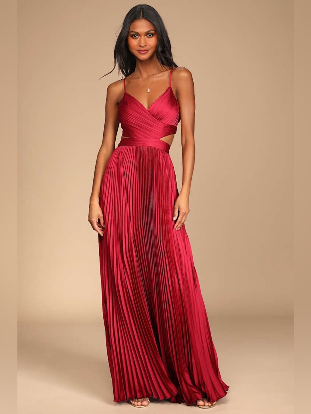 Lulus Got the Glam Wine Red Pleated Cutout Maxi Dress Size M NWT